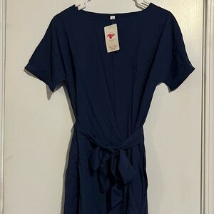 Blue Crew Neck Dolman Sleeve Sheath Dress